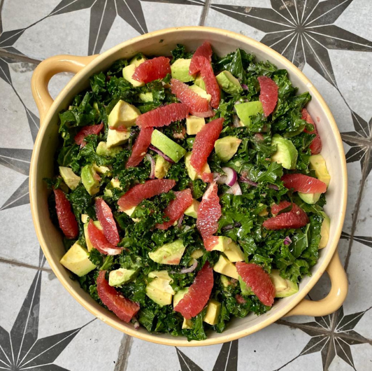 Salad of kale, avocado, and watermelon